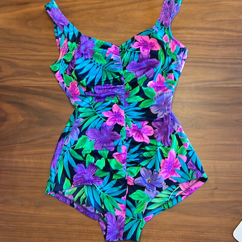 Vintage ☀️Maxine of Hollywood ☀️ tropical floral rutched swimsuit size 12